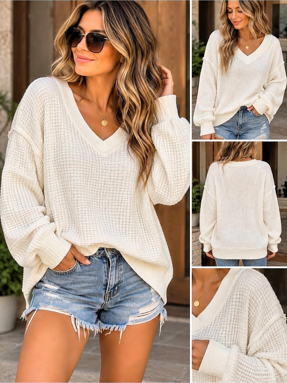 American Eagle V-Neck Textured Sweater in White Size Large Like New